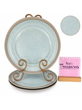 Baum Brothers HARPER Mist Blue Speckled Grey Band Embossed Dinner Plates Set 3